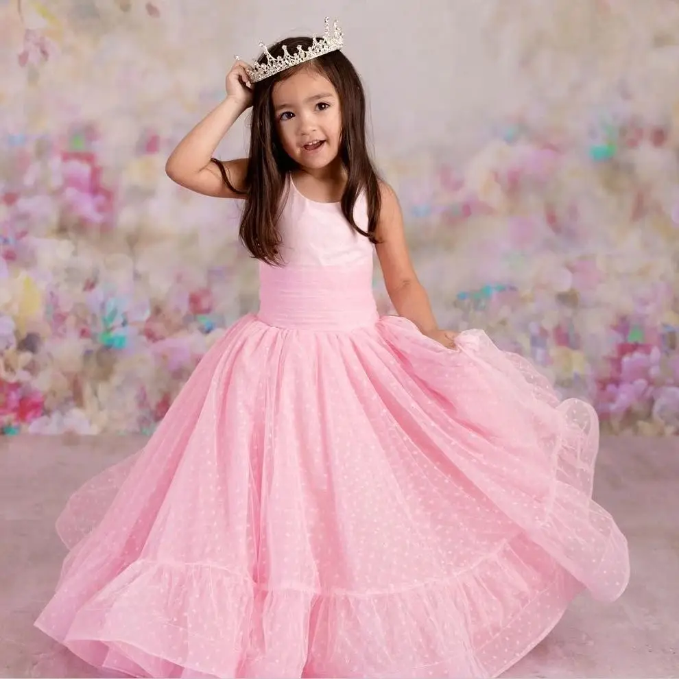 Elegant Pink Flower Girl Vestidos, Tiered Ball Gown, Little Girls Vestidos de Aniversário, Charming Sem Mangas, Crianças Fotografia Vestidos