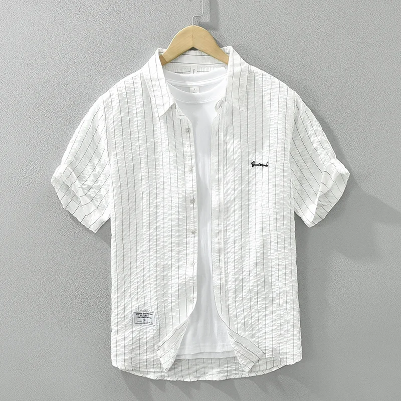 Camisa de manga corta a rayas para hombre, camisas informales con cuello vuelto, ropa de moda con bordado de letras, novedad de verano 2024