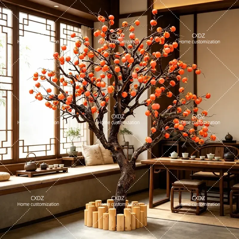 Large Solid Wood Simulation Persimmon Hawthorn Apple Tree Upside Down Decoration New Chinese Zen Style Soft Home Decor