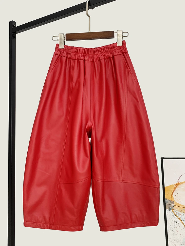 Spring New High Quality Genuine Real Leather Pants Women's Loose Waist Fashionable All-Match Sheepskin Cropped