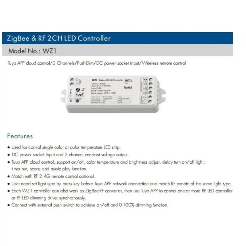 [NEWA76K!】 WZ1 Zigbee 3.0& RF LED Controller 2 Channels For Single Color CCT LED Strip 2 CH 12-36V Cloud Wireless Remote Control