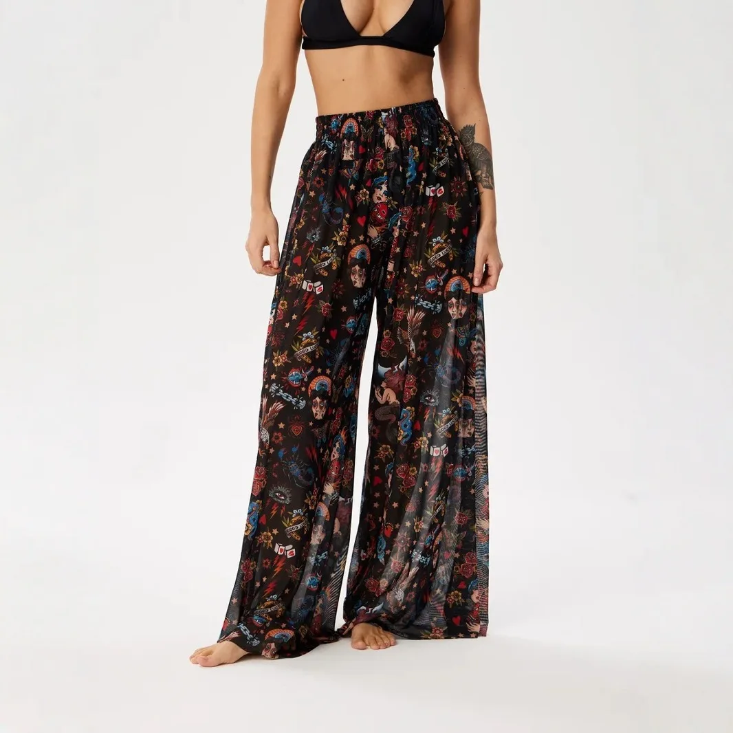 Women Mesh Ruffle Trim Cover Up Pants Beach Cover Up Cover Ups For Swimwear Beach Ruffle Pants 2025 Summer Pants