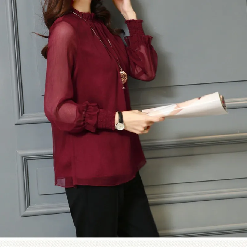 Women\'s Long Sleeve Ruffled Double Layer Chiffon Top, Basic Solid Color Blouses, Elegant Office Shirt for Female, New