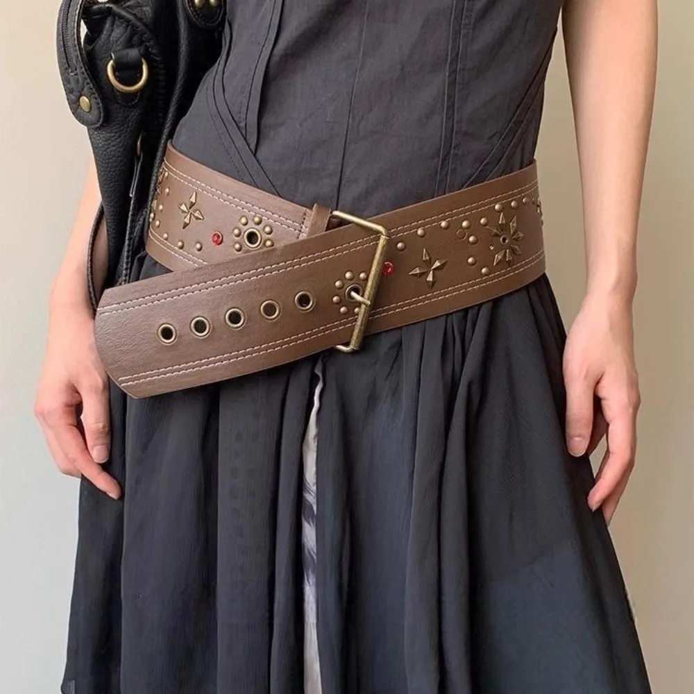 ريترو خمر المرأة برشام حزام القوطية Y2k حزام خصر من الجلد الثقيلة فستان فاسق حزام البنطال الجينز الشارع الشهير