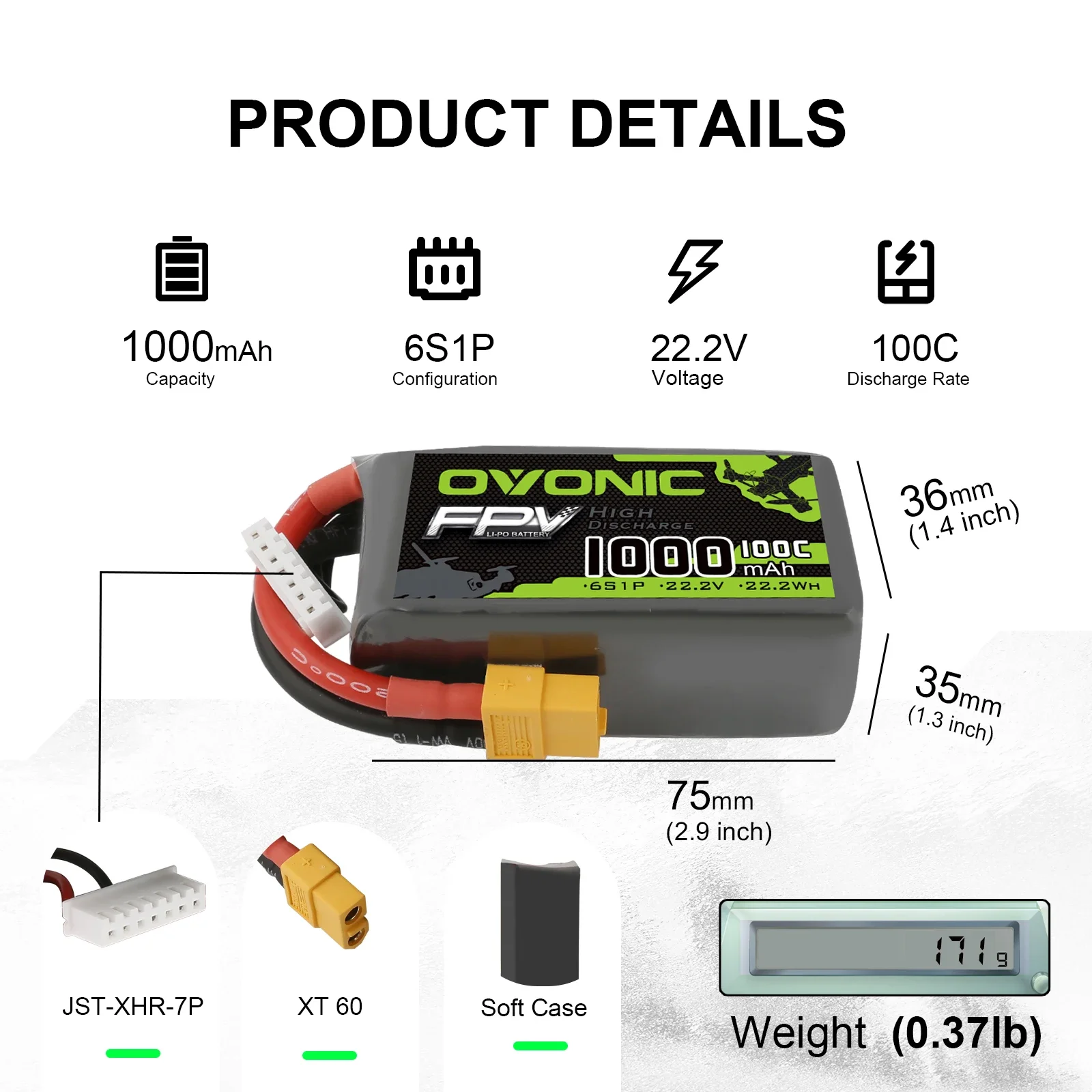OVONIC 6S 22.2V 1000mAh 100C LiPo Battery Pack With XT60 Plug For Drone FPV Freestyle RC Airplane RC Helicopter RC Car Truck