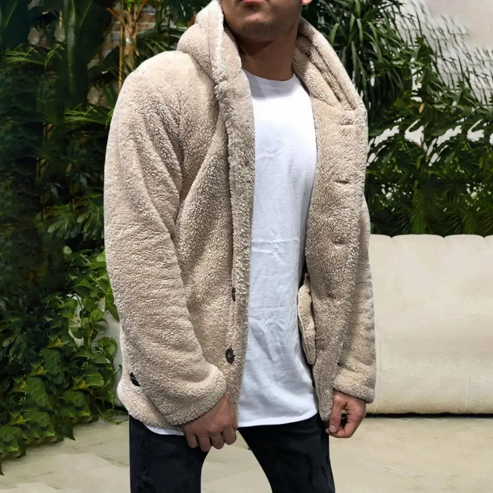 Men Coat Lapel Long Sleeve Single Breasted Outerwear Solid Color Thickened Velvet Winter Jacket Fleece Hooded Thick Overcoat
