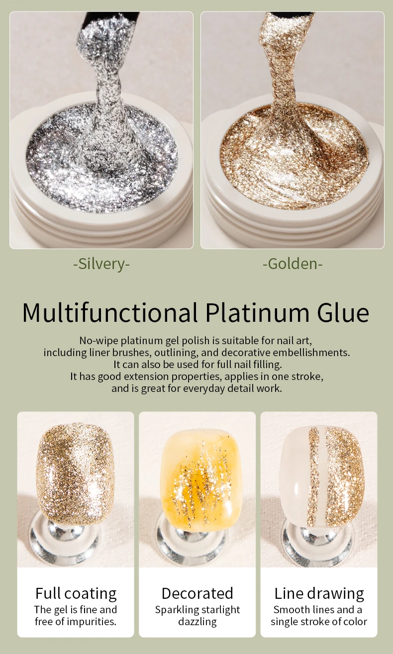 RSNAIL 5g No-Wipe Platinum Gel-Nagellack für den Sommer, reflektierender, glitzernder, metallischer, goldener, silberner Zeichnungs-Liner, Maniküre-Lack – Detail 5