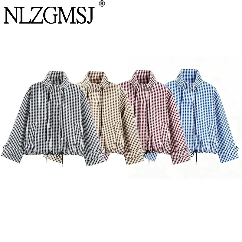 NLZGMSJ Women Classic Casual Plaid Stand-up Jacket Outdoor Commute Zipper Jacket 2026 Autumn Trendy Lady Coat