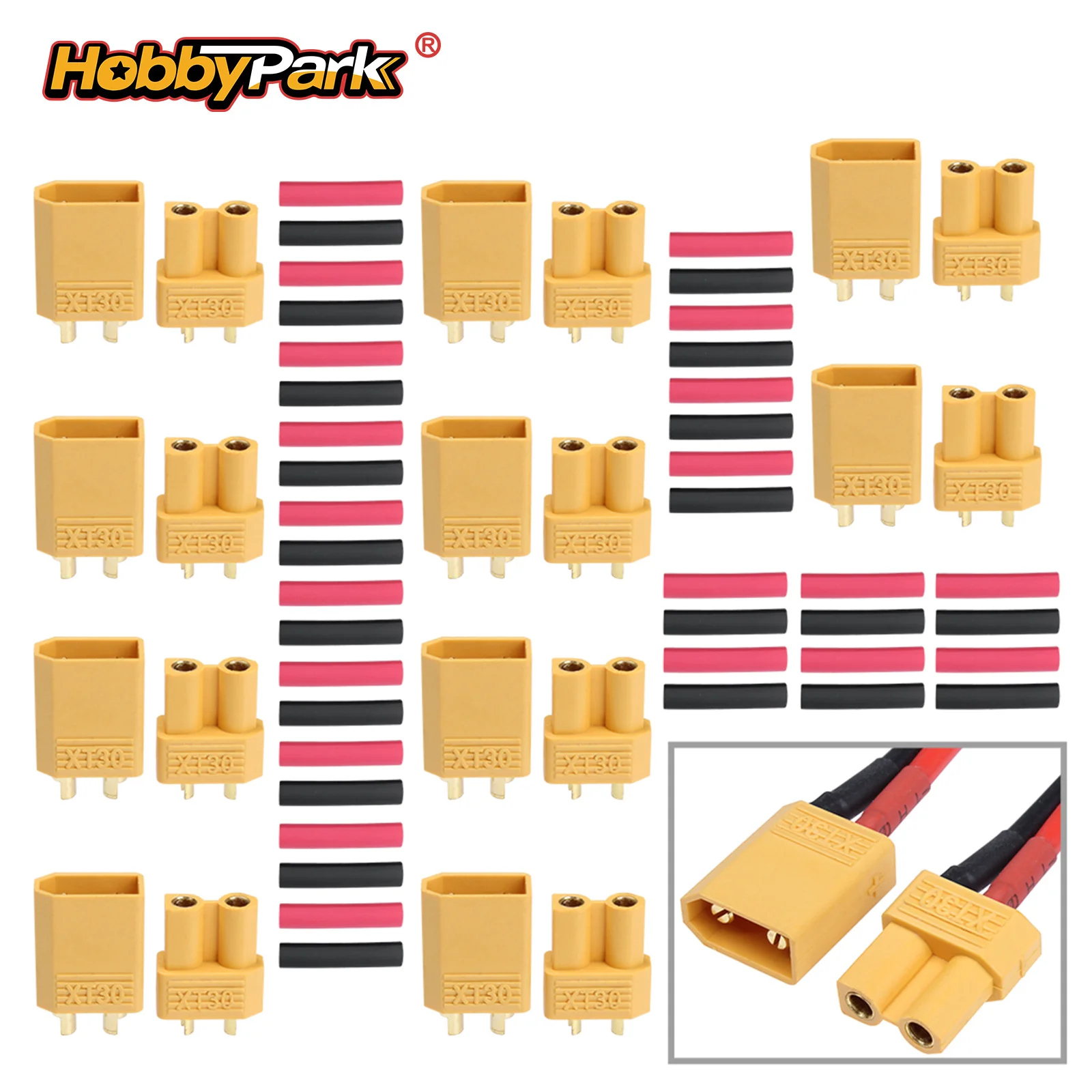 Hobbypark RC Lipo Battery Pack XT30 Male Female Power Plugs With Heat Shrink Tubing For Motor Wiring (10 Pairs)