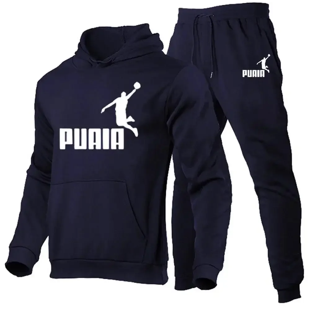 Spring and Autumn men's casual sports suit, stylish men's and women's hoodie + black pants 2 sets, outdoor running pullover