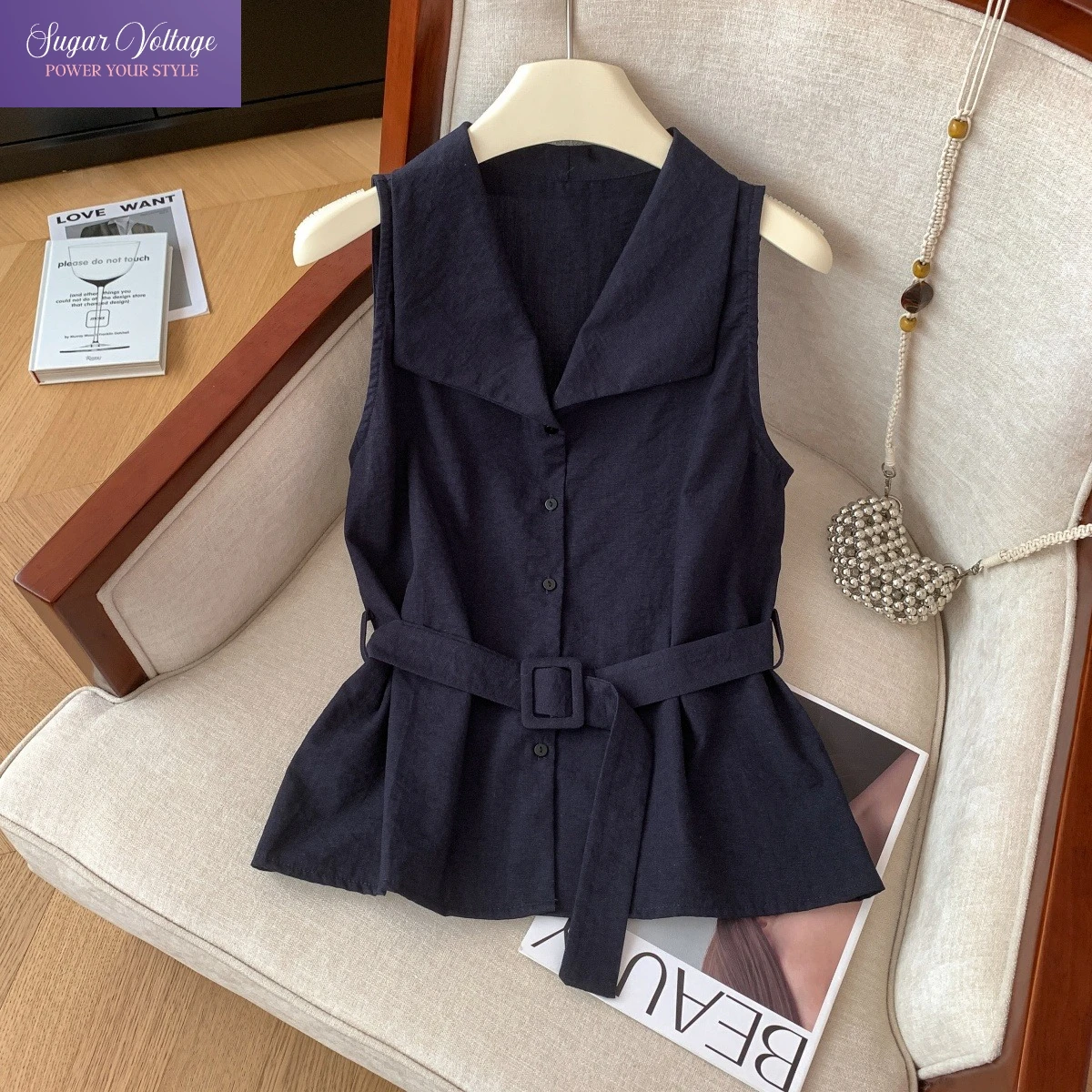 

Korean Summer Black Sleeveless Vest Tops Women Button Down Waist Belt Summer Slim Fit Elegant Comfy Office Lady Tank Tops 2025