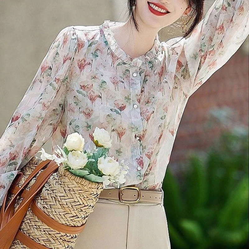 New Women French Style Vintage Floral Print Shirts Elegant Ruffle Long Sleeve Chiffon Blouse Casual Stand Collar Loose Chic Tops