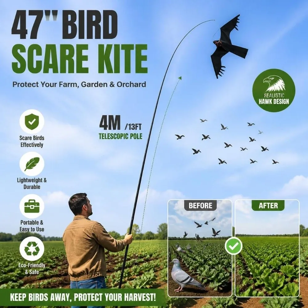 Frightening Hawk Bird Kite 3D Realistic with Pole Bird Scarer Kite Weatherproof Good Flying Bird Repellent Eagle Kite Garden