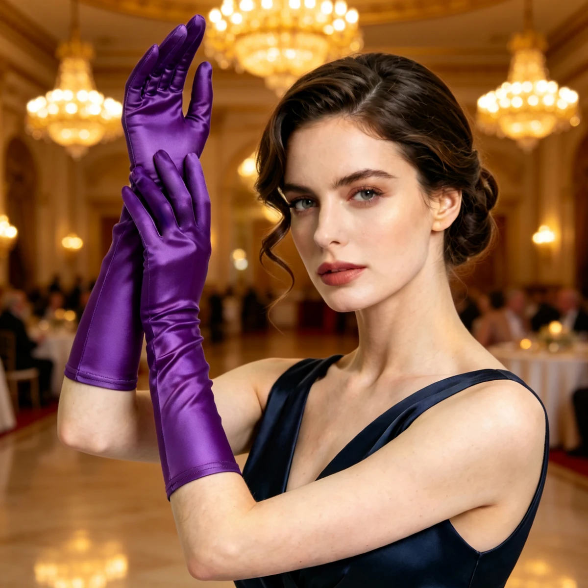 MJINM Women Sunscreen Spandex Stretch Solid Five Finger Mittens Breathable Satin Glossy Cosplay Party Dress Medium Length Gloves