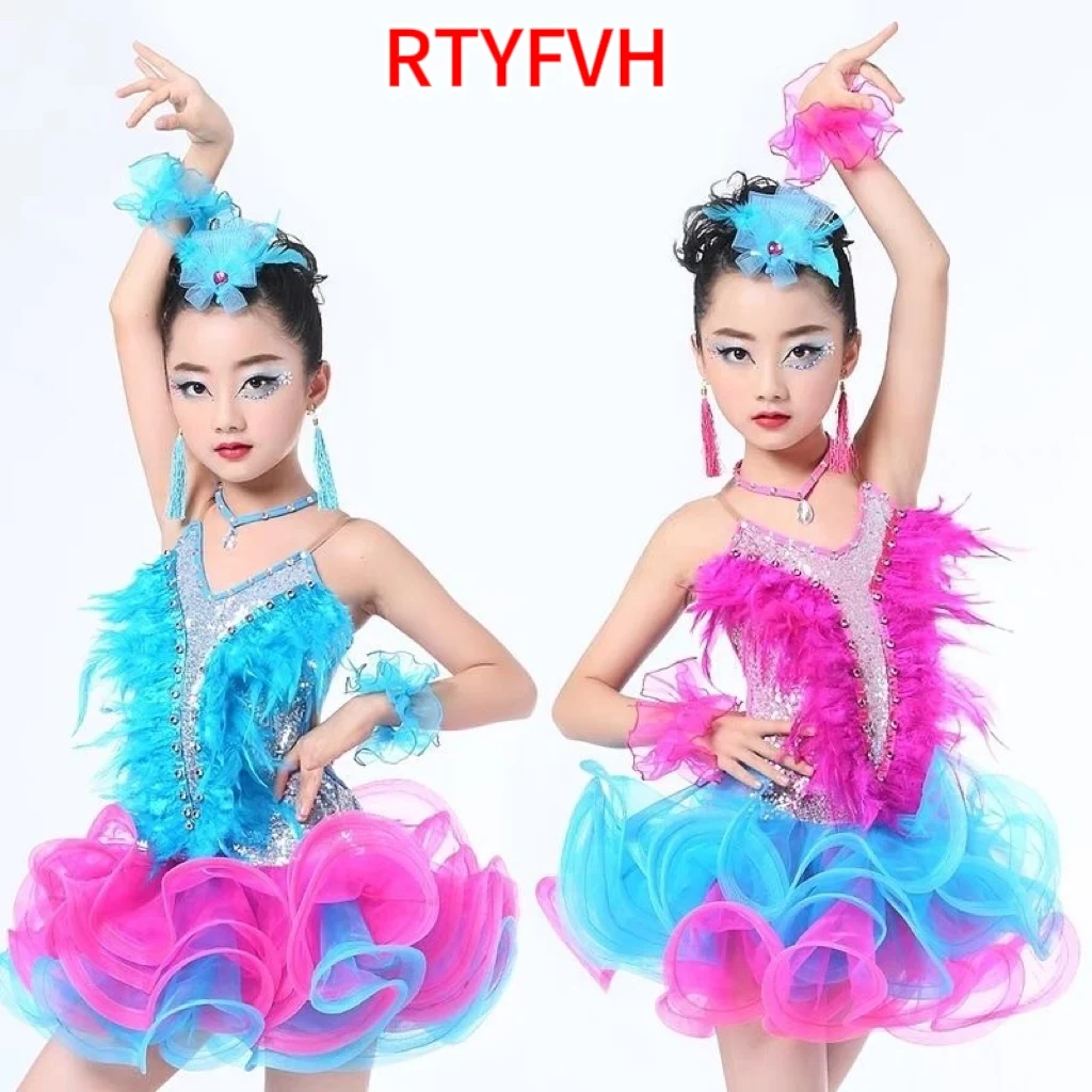 

Children Professional Latin Dance Dress for Girls Ballroom Dance Competition Dresses Sequin Feather New Fringed Latin dance Dres