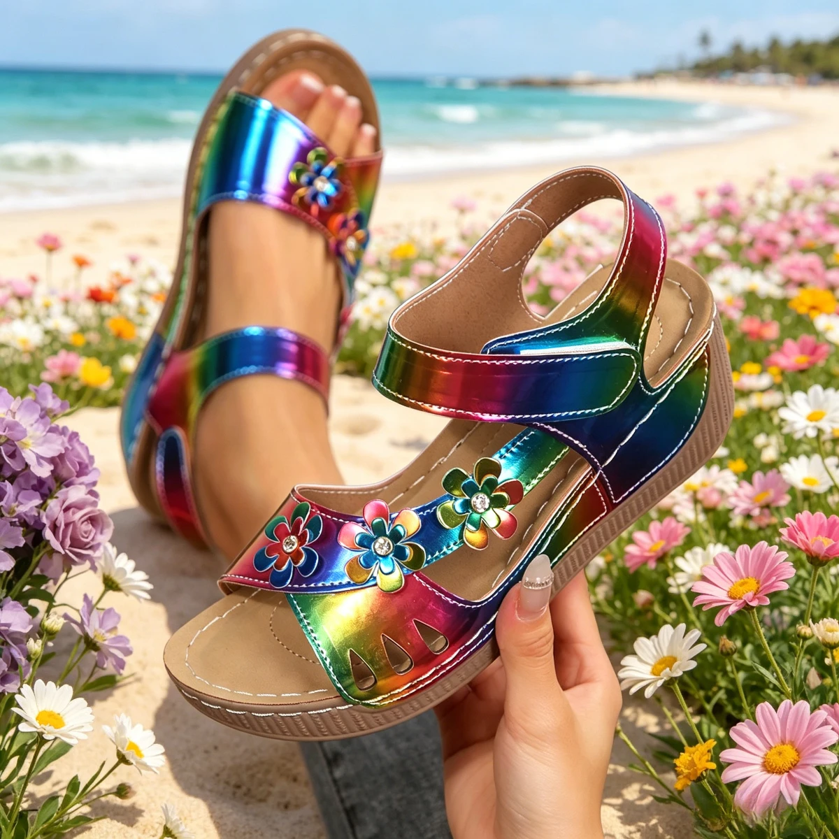 Damen-Keilsandalen mit Blumenmuster, Sommer-Plateausandalen, klobiger Absatz, offene Zehenpartie, Strandschuhe, lässige Outdoor-Sandalen, Strandschuhe