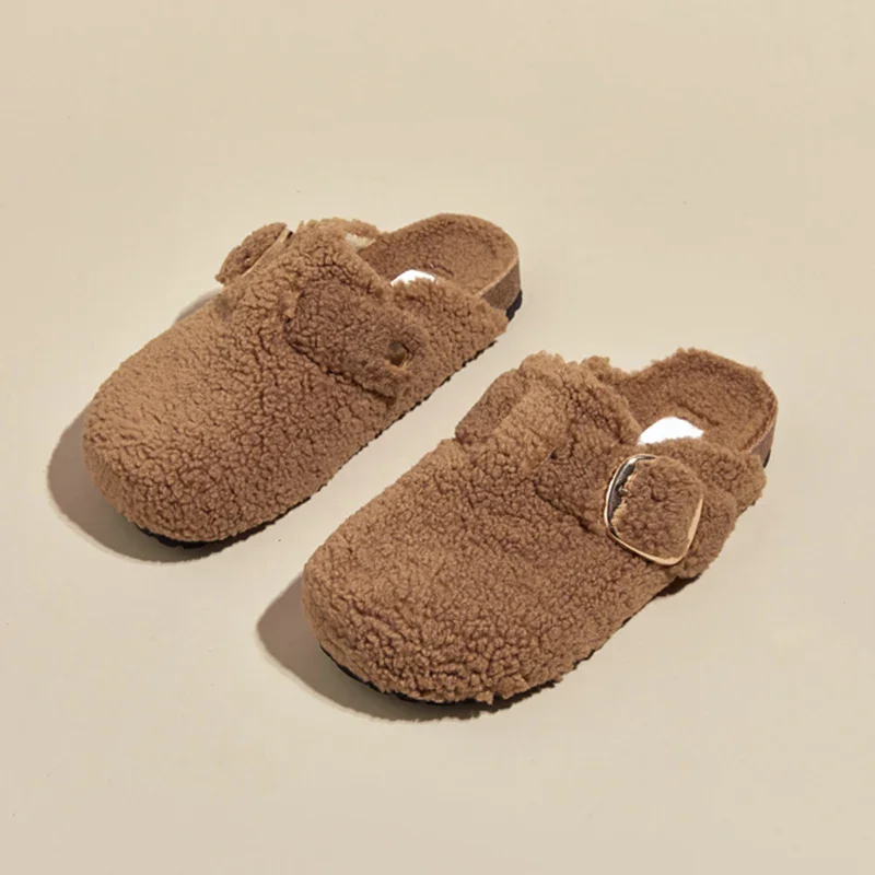 Warm Faux Lamb Wool Women's Mules Slippers Winter 2025 Fashion Flat Heel Mules Shoes Woman Thick Bottom HomBottom Outdoor Slides