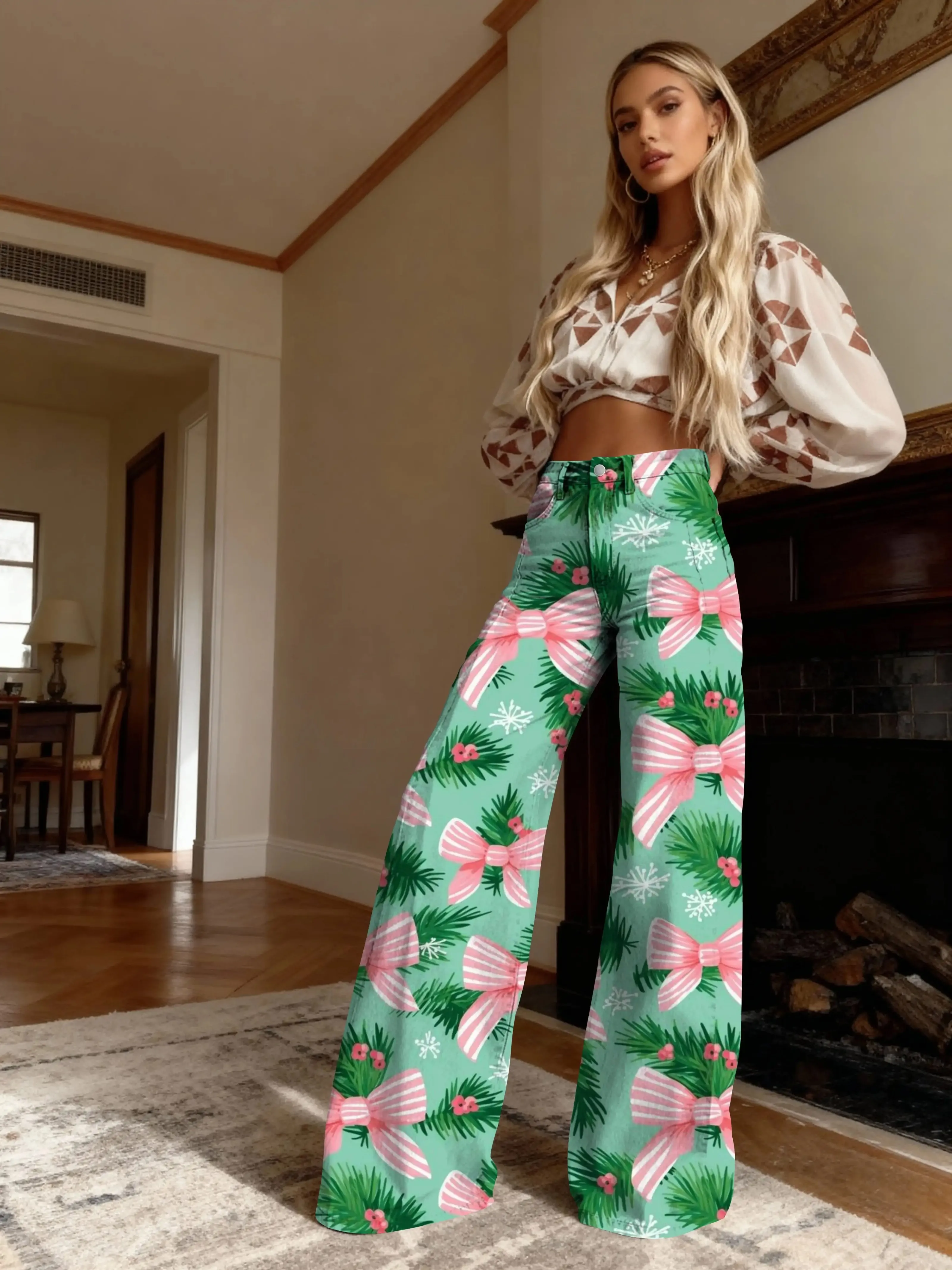 3D Women's Imitation Jeans Christmas Style Christmas Tree Bow Print High Waist Stretch