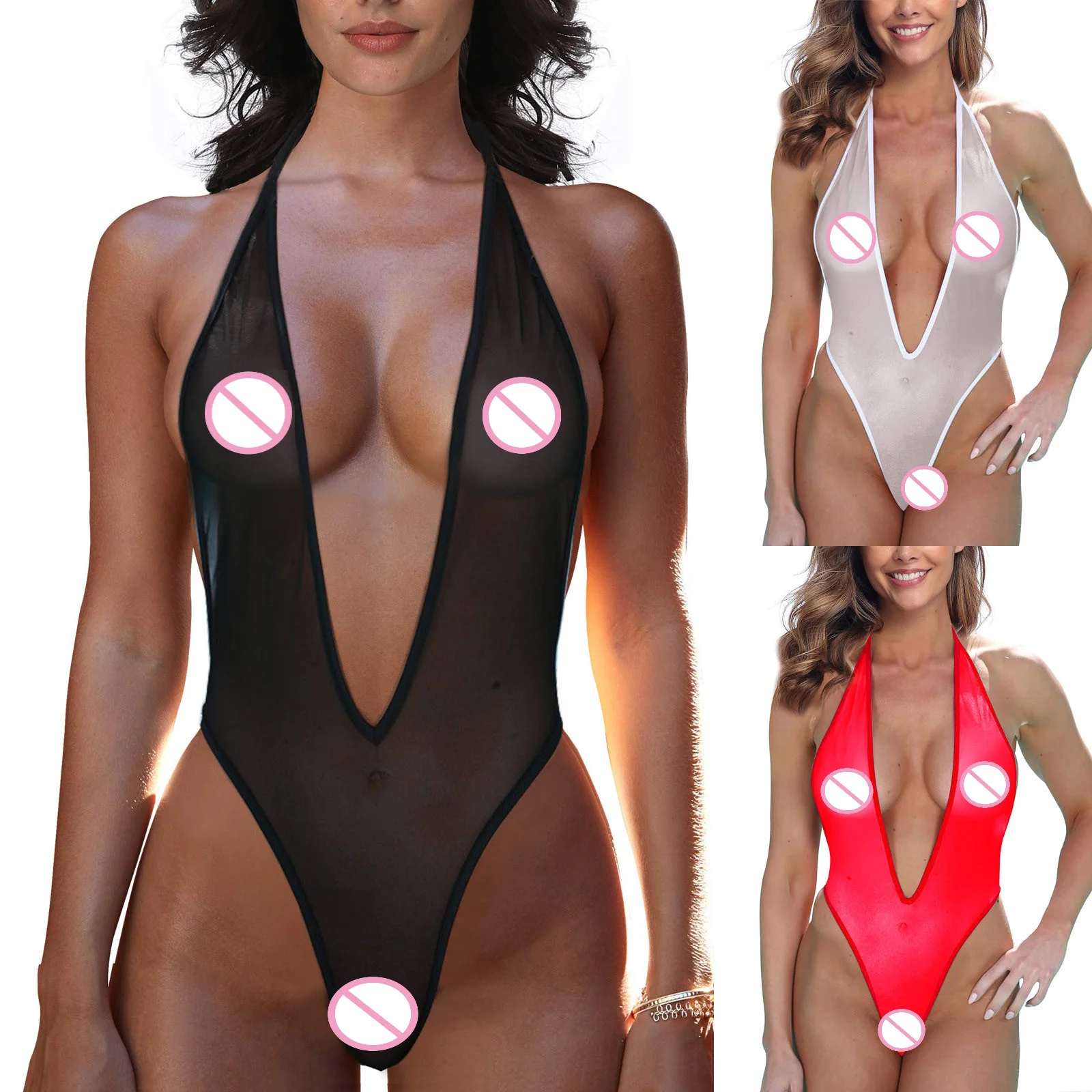 

Deep V Neck Bodysuit Jumpsuit One-Piece See-Through Backless Erotic Lingerie Eco Friendly Packing