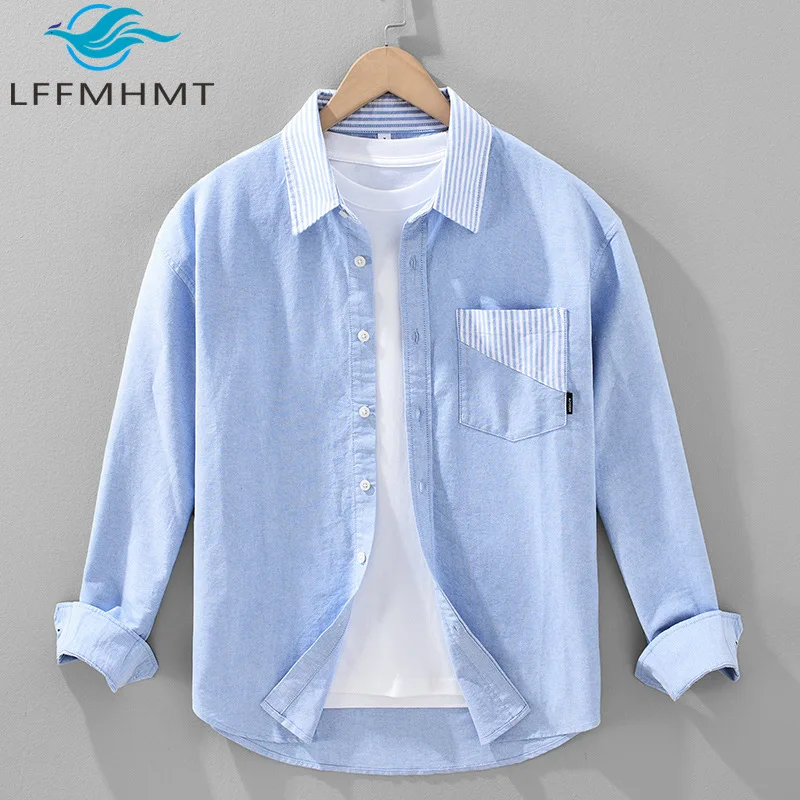 

Мужская рубашка с длинным рукавом для весны и осени, 100% хлопок, хорошее качество, в полоску, с лоскутным узором, свободного кроя, повседневная, с карманом