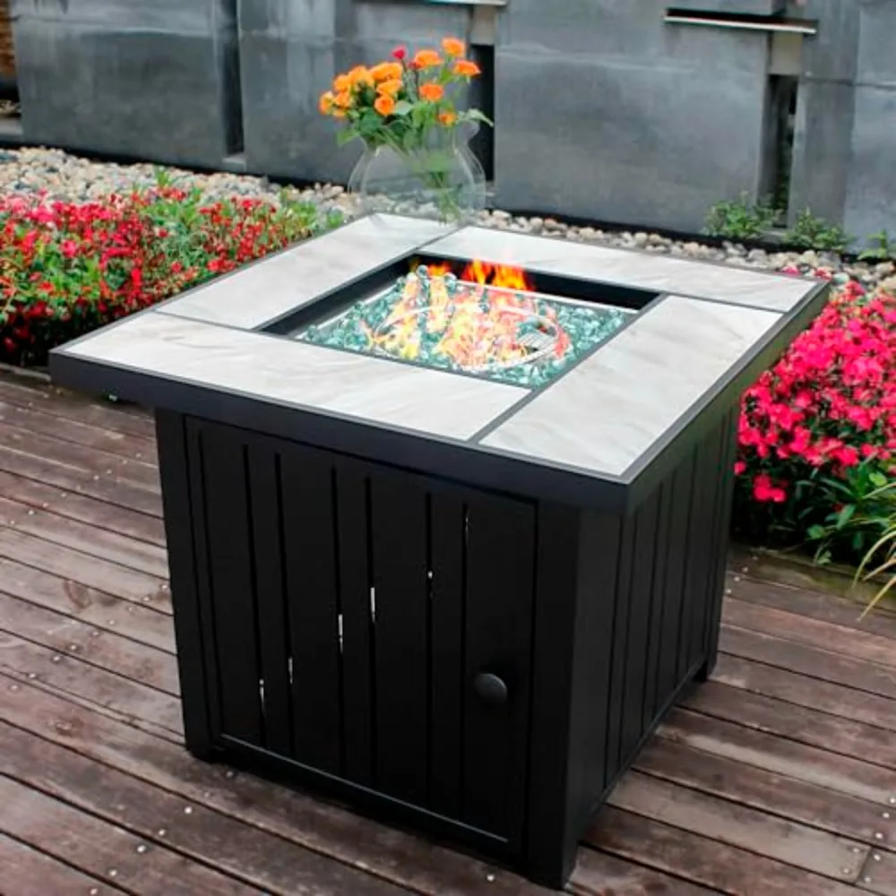 30 Inch Propane Fire Pit Table with Real Ceramic Tabletop | 50000 BTU Gas Fire Pit Table with Lid & Glass Rock, Outdoor