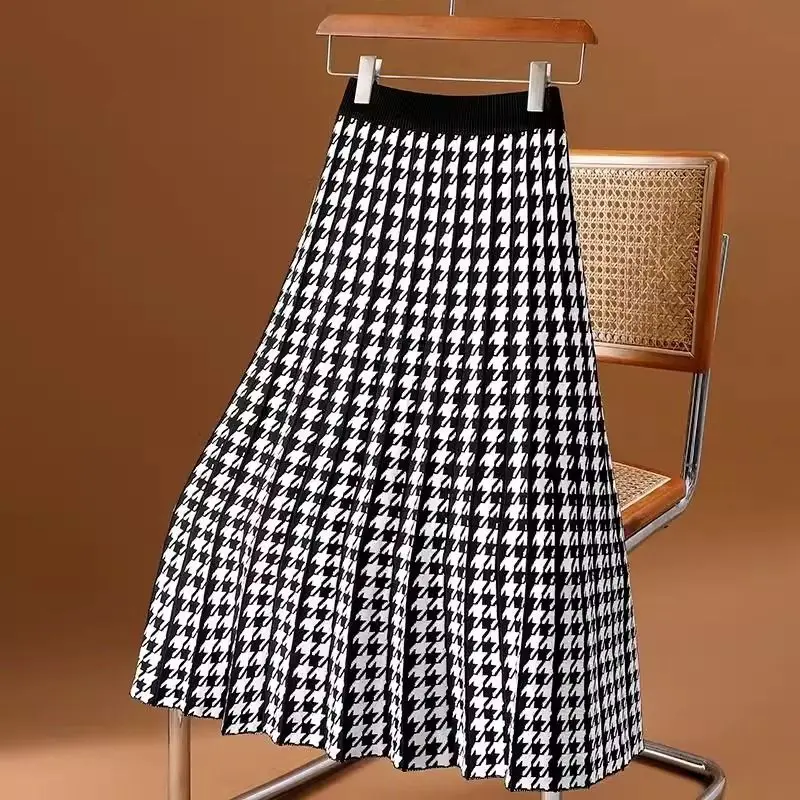 

Houndstooth Knitted Pleated Skirt Women Autumn Winter Thick Warm Elastic High Waist A-line Work Party Midi Long Skirts