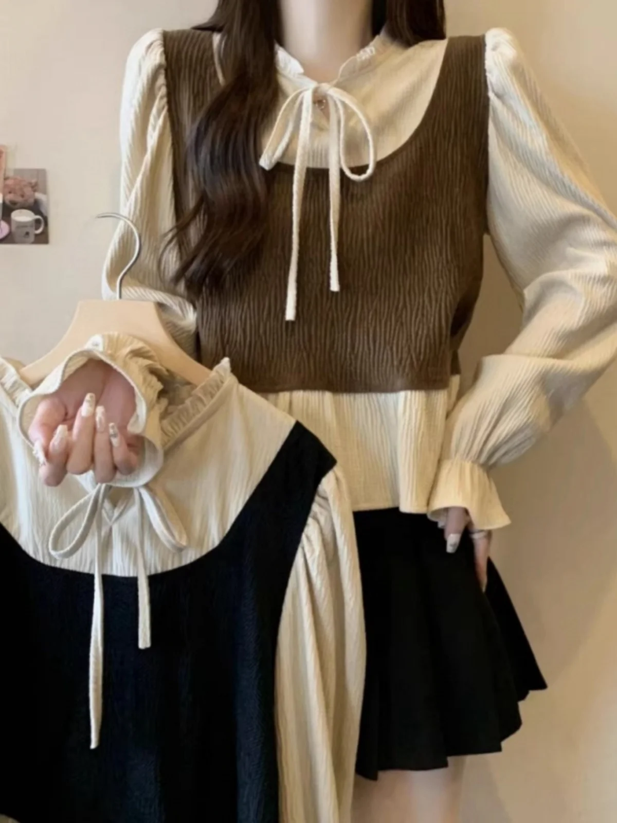 

Ретро-блузка с эффектом двухслойности и длинным рукавом, женская, осенняя мода 2026, новинка, омолаживающий эффект, с кружевной отделкой, в корейском стиле, свободный крой