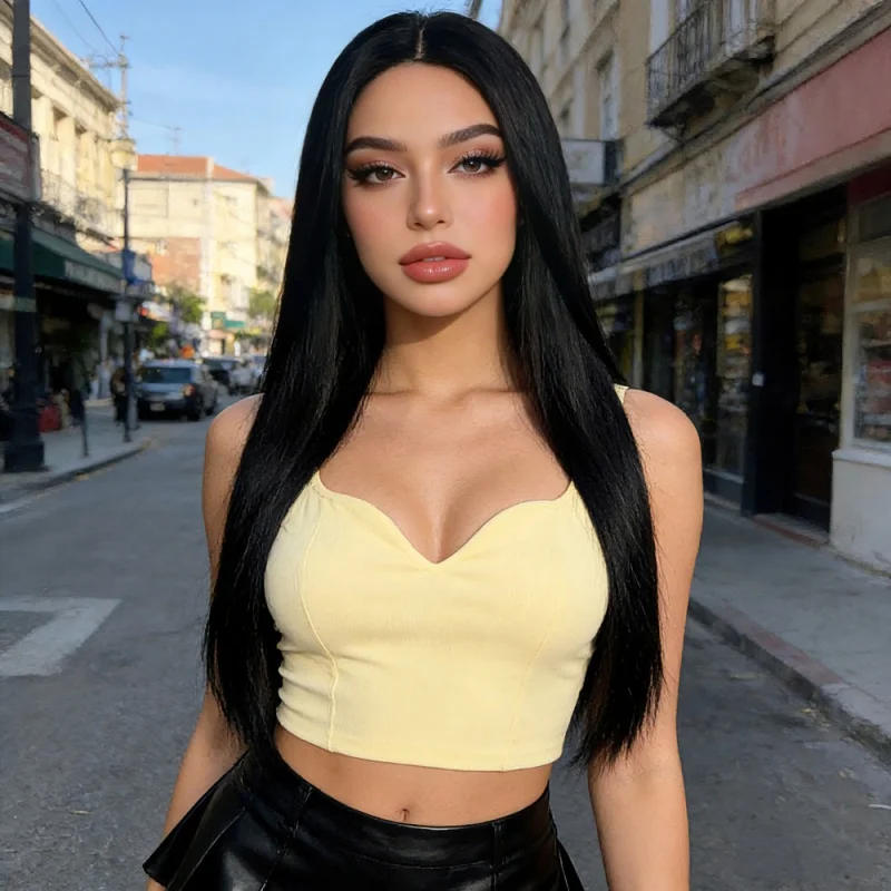 

New Women's Black Middle Part Long Straight Synthetic Wig European and American High Temperature Fiber Wig Wholesale