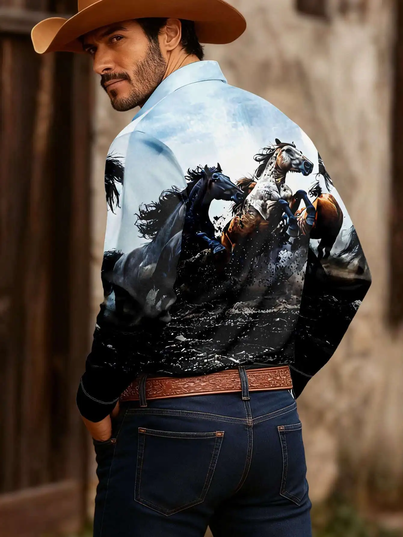 Men Long Sleeve Button‑Up Shirt Western Wild Horse Galloping Animal Print Lapel Cowboy Casual Tops