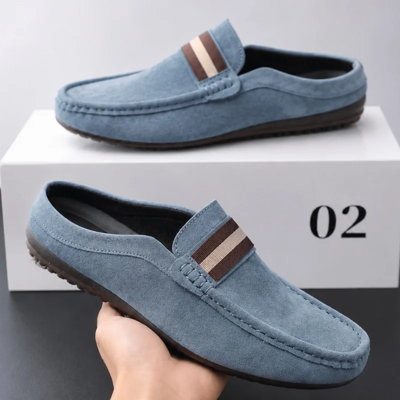 Men's Slippers Lightweight Casual Shoes Suede Half Support Slippers Mules Summer Outdoor Loafers Slip on Soft Sole Flats for Men