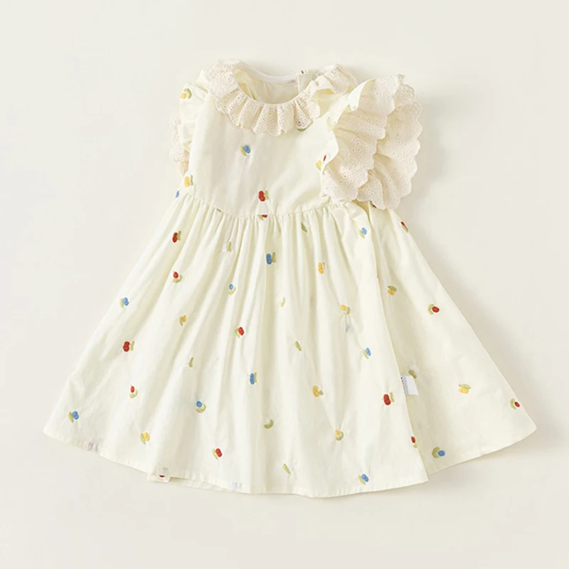 فستان بناتي بأكمام طائرة صيفي جديد لطيف مطرز ومطبوع فستان الأميرة ملابس الأطفال الصغار من عمر 2 إلى 6 سنوات ملابس بياقة مكشكشة