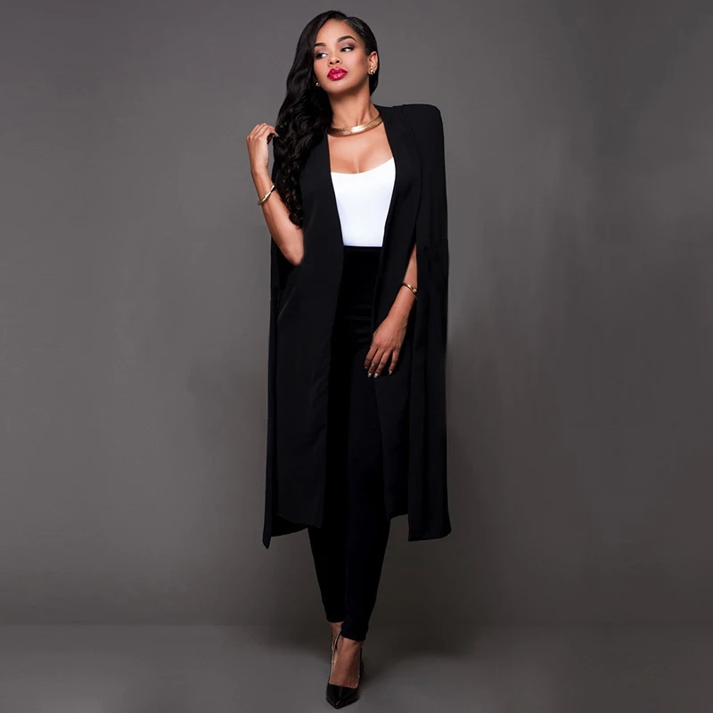 Shawl Collar Split Sleeve Cloak Blazer Cape Autumn Spring Women Solid Office Lady Suit Jacket Coat Long Cardigan Trench Outwear