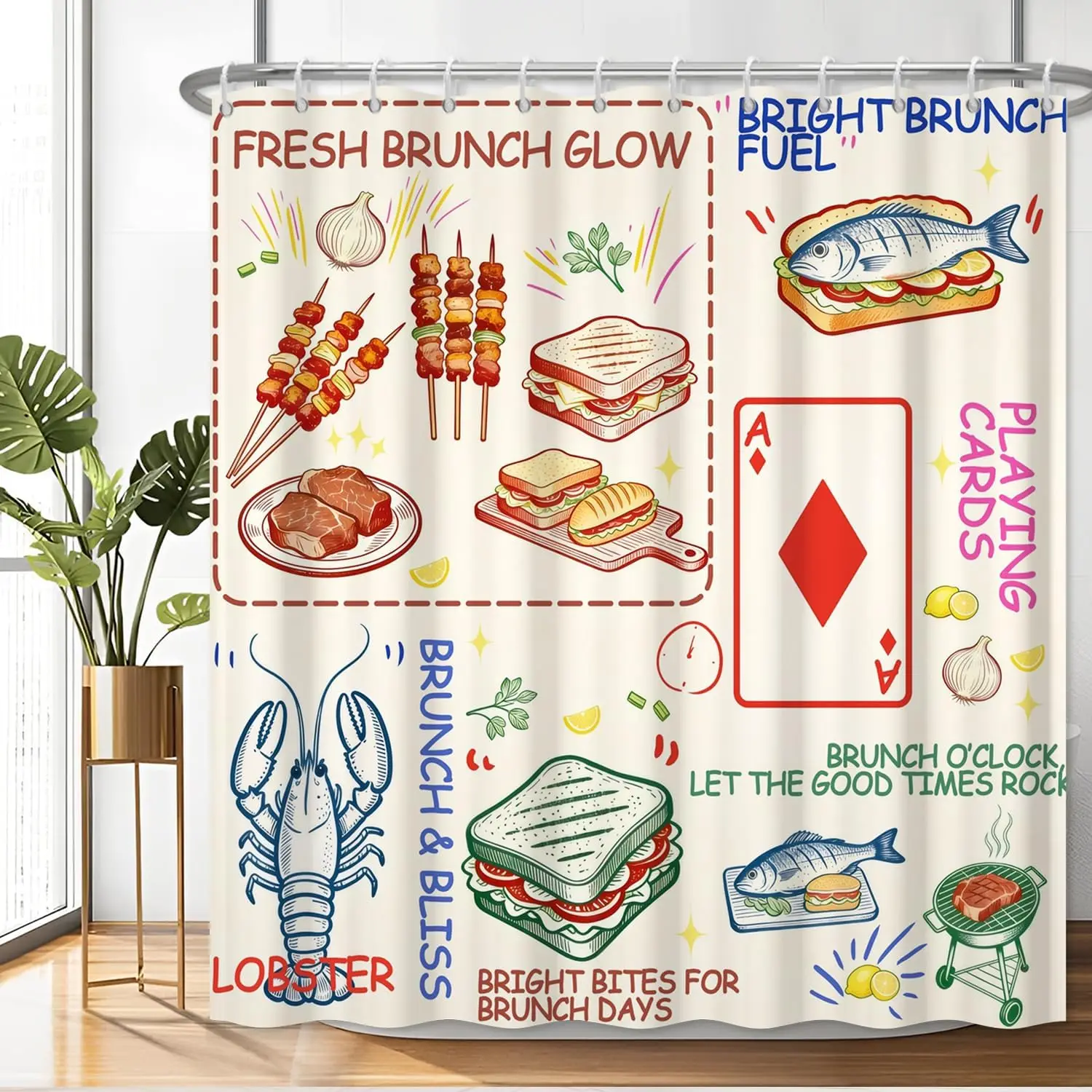 Brunch Decor Shower Curtain Retro Food Pattern Kitchen Bathroom Tile Wallpaper Funny Meal Lover Playing Cards 180x180cm Home Acc
