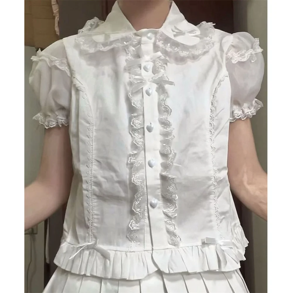 女性用スイートパールボウフリル付き日本風カワイイロリータシャツ、ピーターパンカラー、プリンセスブラウス、女性用Y2K半袖トップス、ブラウス