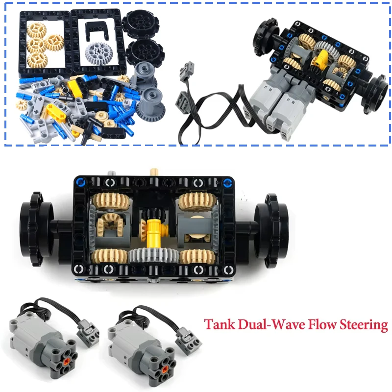 Montaje de tanque de dirección, estructura de flujo de doble onda, engranajes, bloques de construcción, agujero, brazo, haz, Control de Motor de potencia, piezas de ladrillos MOC, Juguetes