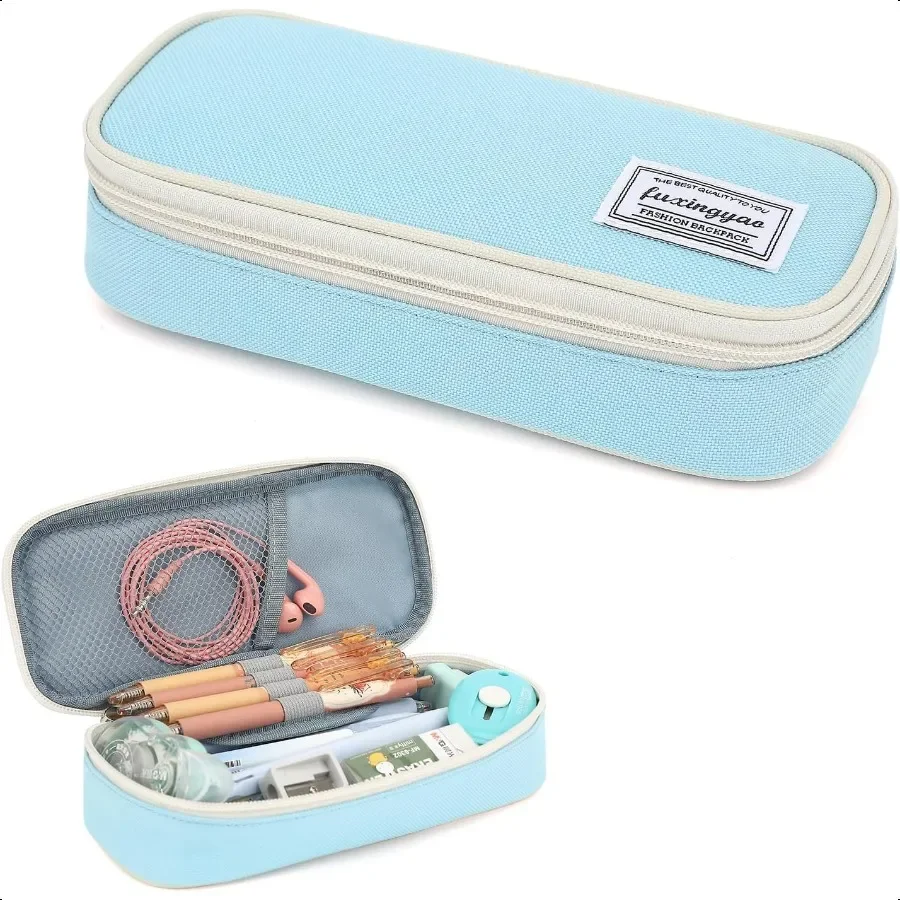 FUXINGYAO Trousse à crayons multi-compartiments Trousse à crayons portable Bleu avec blanc