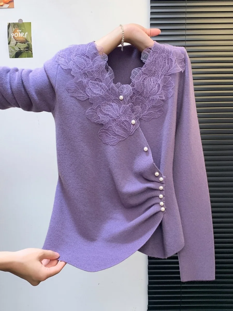 Ele Long Sve Lace V-Ne تريكو المرأة الخريف الشتاء جديد Sle قاعدة طبقة ملابس داخلية سترة تخفيف الكورية Sle S...