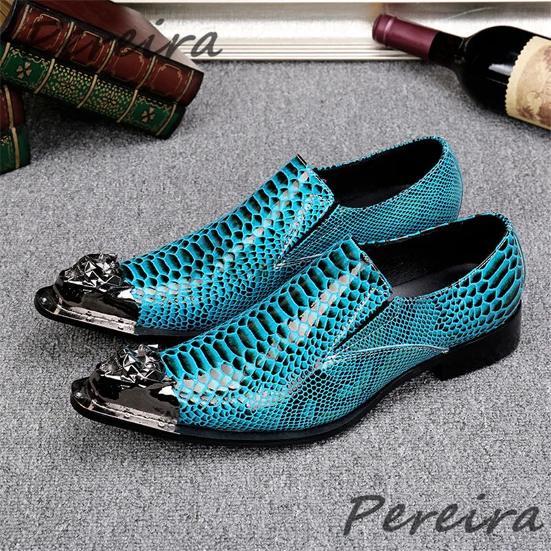 

Blue Genuine Leather Dress Shoes Men's Mixed Color Iron Pointy Toe Slip-On Loafers Fashion Handmade Party Wedding Shoes Big Size
