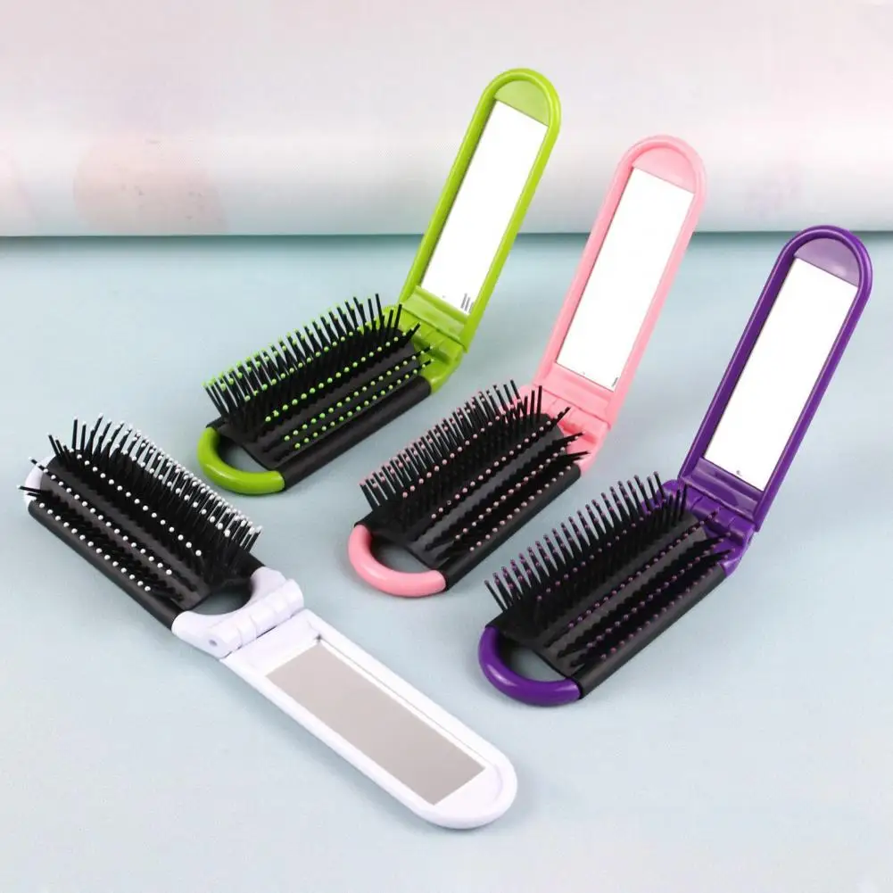 Folding Hair Brush with Mirror Travel Hairbrush Portable Hair Brush Soft Bristles Scalp Massage Comb for Women Hairdressing Tool