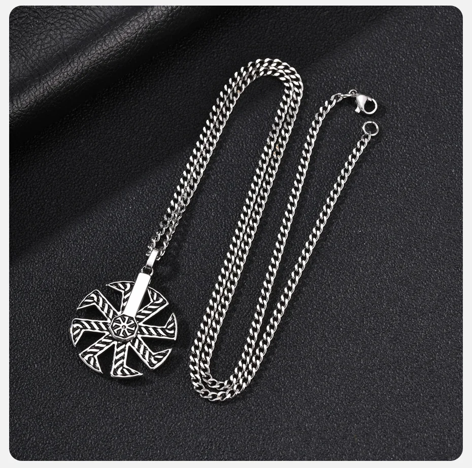 Vnox Drehbarer Kolovrat-Anhänger Halskette für Männer, Edelstahl Vintage Slawisches Symbol Amulett 60cm Gliederkette Punk Schmuck Geschenk – Detail 6