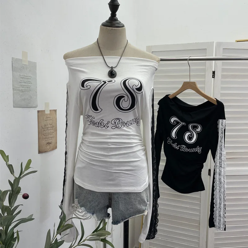 المرأة عارضة الساخن فتاة الرياضة نمط إلكتروني طباعة خياطة الدانتيل بأكمام طويلة أعلى سليم صالح واحد الكتف تي شيرت Streetwear1291