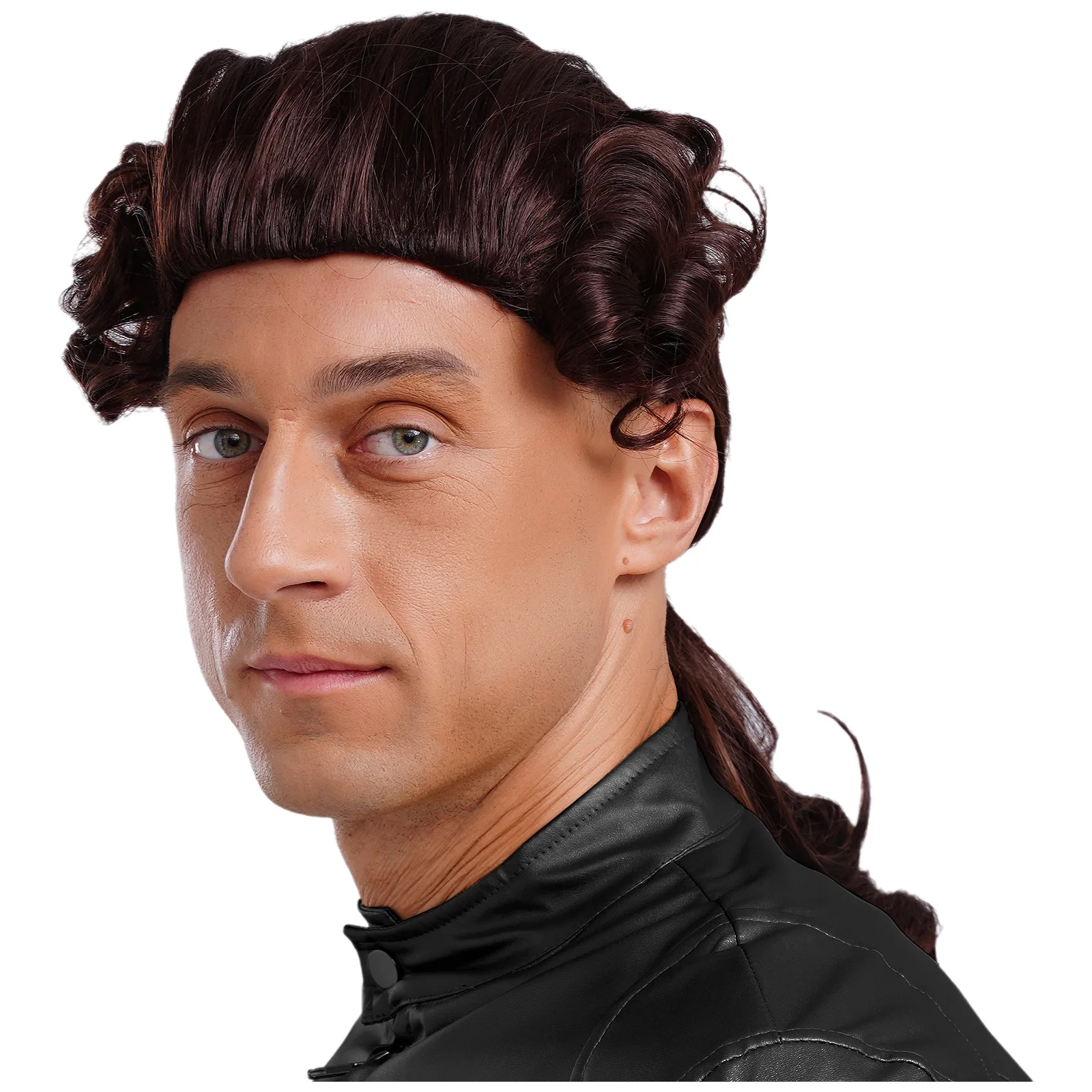 Mens Adjustable Curly Wigs Human Hair Halloween Washington Lawyer Judge Wig with Braid Cosplay Accessory Performance Headwear