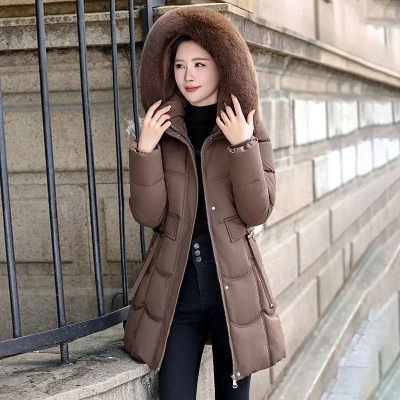 Women Winter Fur Collar Hooded Parka Fashion Letter Patch Zipper Pockets Design Long Jacket Elegant Slim Warm Thick Female Coats