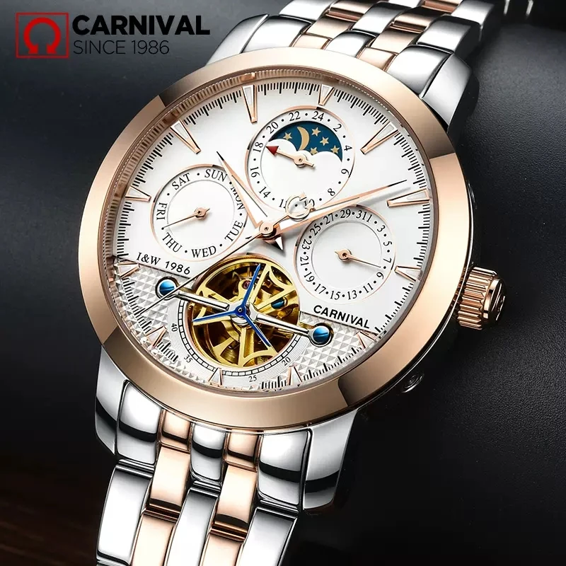 Carnival Brand Fashion Tourbillon Mechanical Watch for Men Stainless Steel Waterproof Calendar Week Moon Phase Mens Watches