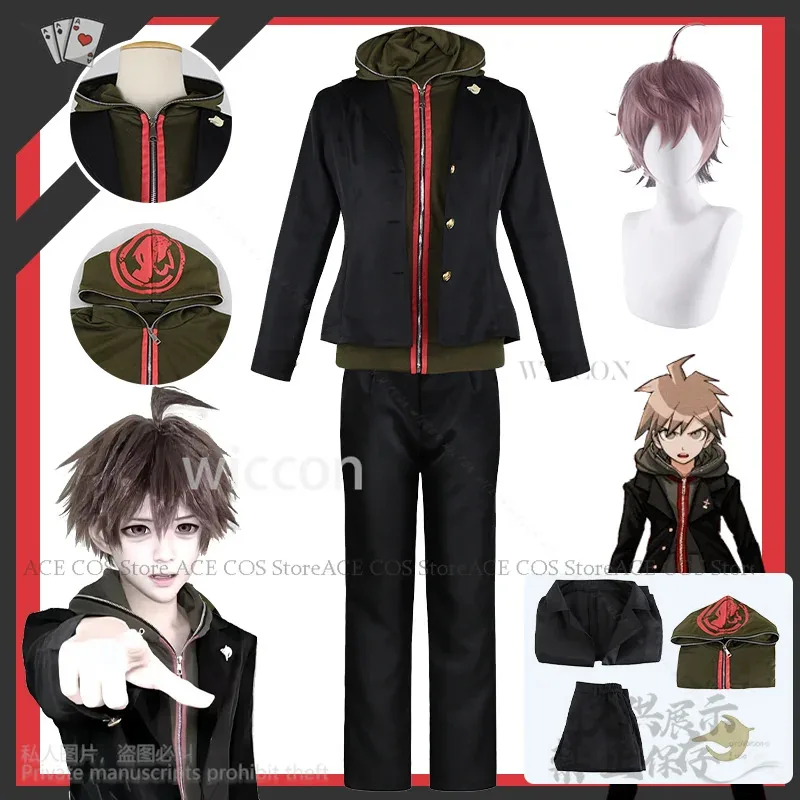 

Новое аниме Super Naegi Makoto Danganronpaaa, зеленая и черная куртка для косплея, брюки, униформа Cutecore, парики для вечеринки на Хэллоуин, 2025 Ne
