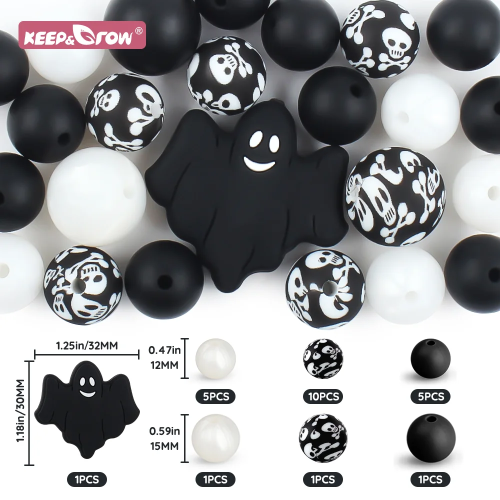 24Pcs Halloween Style Silicone Beads Set Round Lentil Teething Beads DIY Set Pacifier Chain Bracelet Necklace Accessories