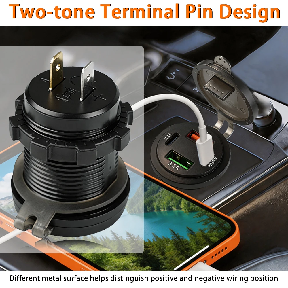 New Motorcycle Car USB Power Outlet With Wiring Terminals 4 Ports QC3.0+PD30W+Dual 3.1A USB Car Charger Socket Waterproof Marine