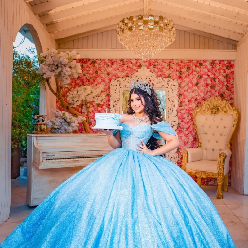 사용자 정의 반짝 이는 복숭아 핑크 오프 어깨 Quinceanera 드레스 Tull 크리스탈 3D 꽃 레이어링 applique vestidos de 15 Quinceanera