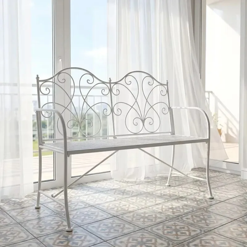 Traditional Antique Elegant White Rolled Metal Wrought Iron Handcrafted Durable Garden Outdoor Terrace Bench
