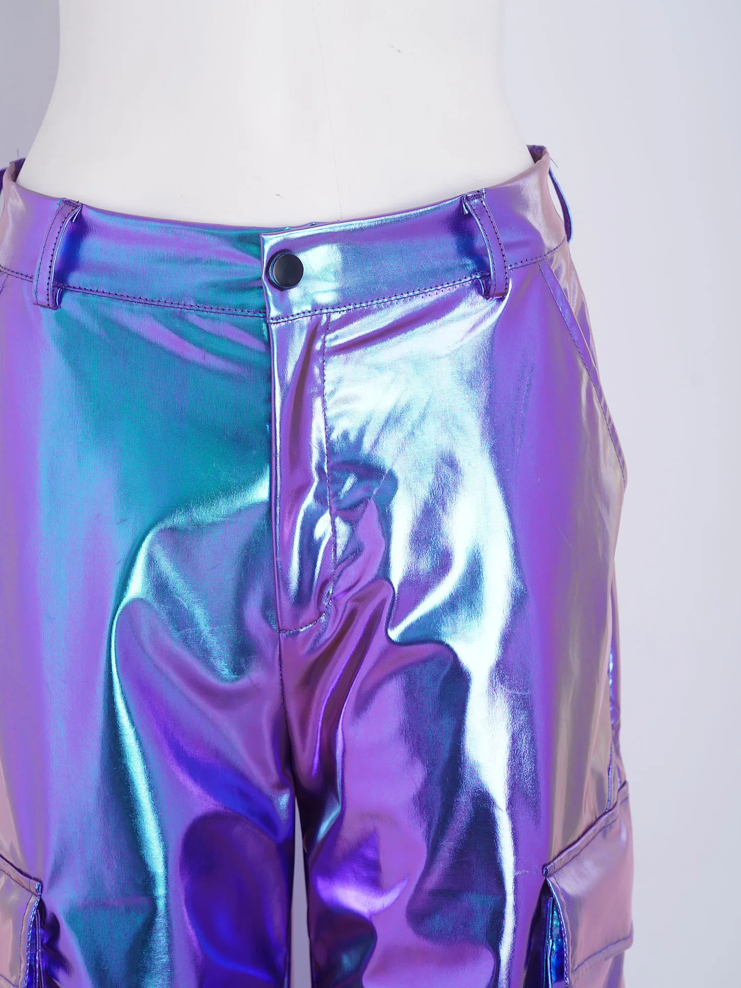 Women Metallic Shiny Multi-pocket Cargo Pants Wide Legs High Waist Straight Pants Trousers for Disco Jazz Modern Street Dance